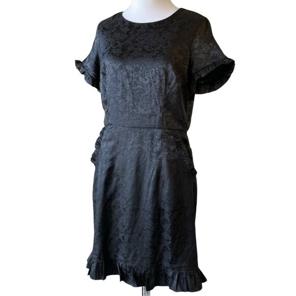 Lulus Black Short Dress Medium Pockets Ruffle Embossed Roses - Picture 1 of 12